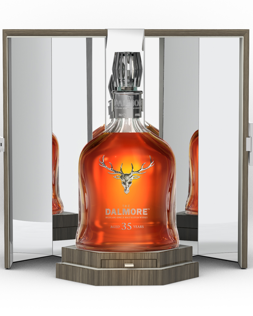 Bottle of Dalmore 35 and case